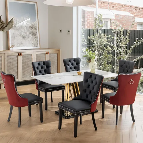 Miniatura 10 de SoarFlash Juego de 2 sillas de comedor de tela de lino, sillas de comedor tapizadas con ribete de cabeza de clavo y patas de madera de color claro