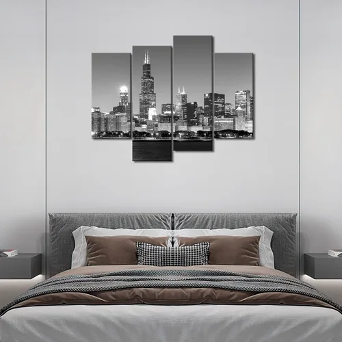 Miniatura 6 de 4 unidades de pintura de tela moderna arte de pared la imagen para la decoración del hogar, vista panorámica del horizonte de Chicago de noche