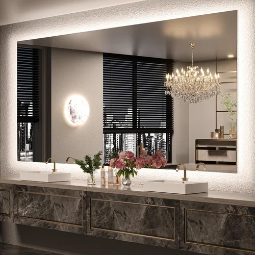Miniatura 19 de Keonjinn - Espejo de 48x30 pulg retroiluminado LED para baño/tocador, luz de 3 colores ajustables blanca/cálida/natural, lúmenes altos, montaje