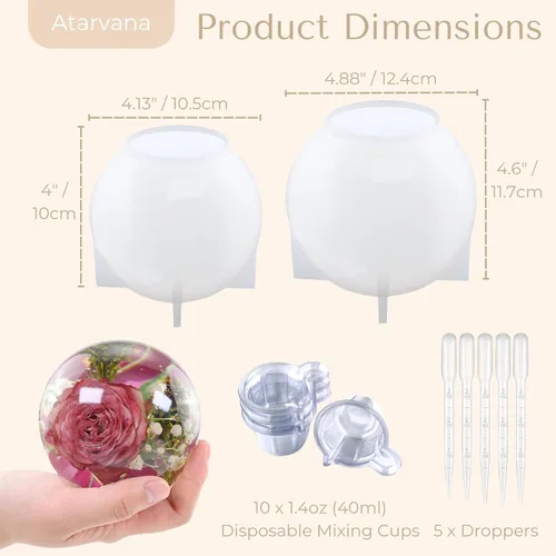 Miniatura 3 de Atarvana 2 moldes de resina de esfera grande, moldes de silicona con forma de bola de 4.7 y 4 pulgadas con 5 cuentagotas y 10 vasos desechables