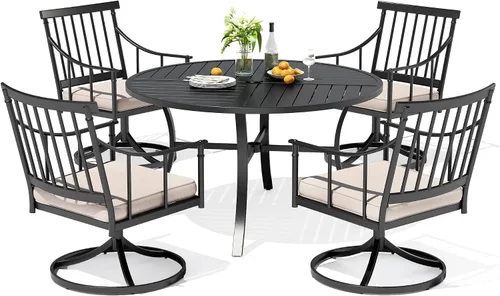 Miniatura 15 de PHI VILLA Juego de comedor al aire libre de 7 piezas con cojín, mesa de comedor rectangular de metal de 60 pulgadas con agujero para sombrilla y 6