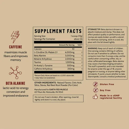 Miniatura 8 de Earth Fed Muscle Stammpede Pre Entrenamiento – Ponche de fruta del dragón, energía limpia, enfoque, apoyo muscular, sin rellenos ni sabores