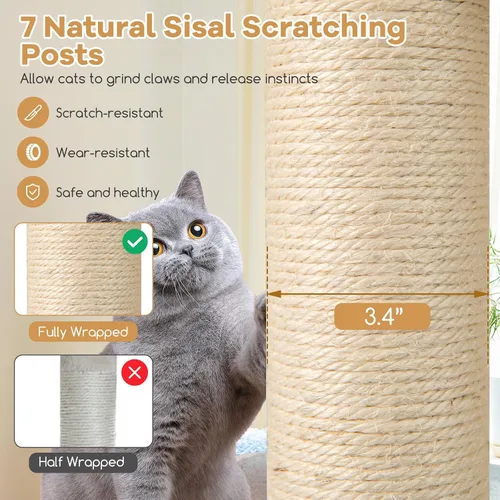 Miniatura 6 de Tangkula Torre de árbol para gatos, torre de madera moderna de varios niveles para gatos de 60 pulgadas con condominio de 2 pisos, postes rascadores