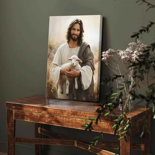 Miniatura 4 de Arte de pared en lienzo de Jesús y Cordero Jesús salva al cordero perdido Decoración de pared Imágenes Pintura de Cordero de Dios Pósters
