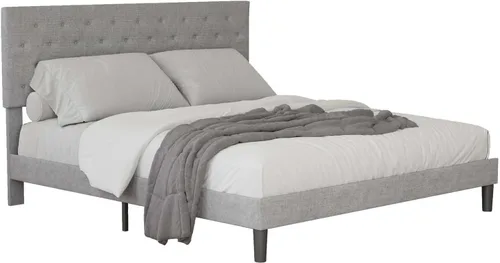 Miniatura 9 de Base de cama tapizada de tamaño matrimonial con cabecera de botón ajustable, base de colchón con soporte de listones de madera, no necesita somier