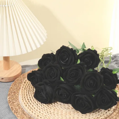 Miniatura 7 de 12 rosas artificiales de terciopelo sintético para decoración del hogar y boda (rosa perla, negro)