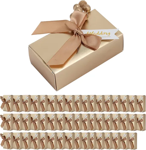 Cajas de recuerdos de fiesta con lazo, 50 unidades, cinta de champán, caja de regalo de papel de caramelo, bolsas rectangulares con purpurina para
