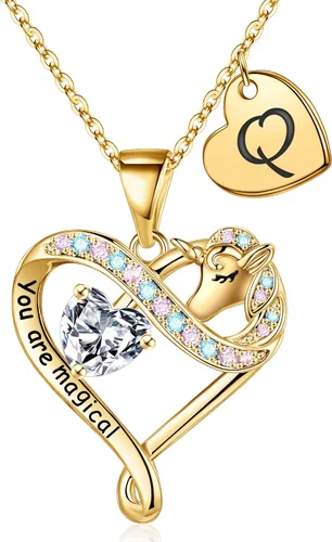 STORUP Regalos de unicornios para niñas, chapado en oro de 14 quilates con colgante de corazón de circonita cúbica colorida, collar de unicornio con