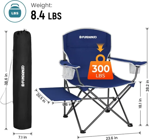 Miniatura 2 de FUNDANGO Sillas de camping plegables para adultos, sillas de playa de gran tamaño con bandeja de mesa, silla de césped resistente con portavasos