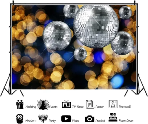 Miniatura 2 de Renaiss Telón de fondo de fiesta de discotecas plateadas de 5 x 3 pies con diseño de bokeh dorado neón para discotecas de los años 70, 80 y 90