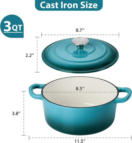 Miniatura 2 de LIANYU Horno holandés de hierro fundido esmaltado, olla redonda de 3 cuartos con tapa, utensilios de cocina resistentes para hornear pan, latón