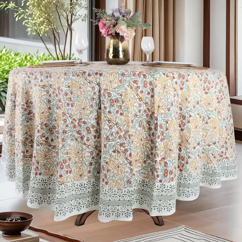 Miniatura 41 de Ridhi Mantel redondo de algodón reutilizable con estampado de bloque a mano, color verde espárragos, 60 pulgadas, mantel decorativo para uso diario