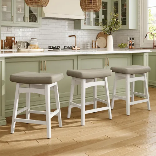 Miniatura 15 de MAISON ARTS Juego de 4 taburetes de bar grises para encimera de cocina, patas de madera maciza con asiento de silla de montar de piel sintética