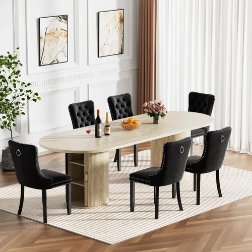 Miniatura 31 de Mesa de comedor redonda extensible de 94 pulgadas con base de almacenamiento, mesa de comedor expandible natural para 10, mesa de comedor de madera