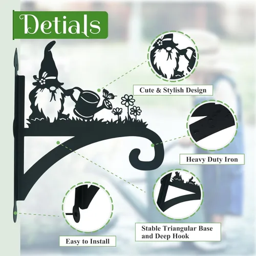 Miniatura 3 de Soporte para plantas colgantes de hierro resistente, silueta ornamental de gnomo, colgadores de plantas colgantes para exteriores, 12 pulgadas, Gnome