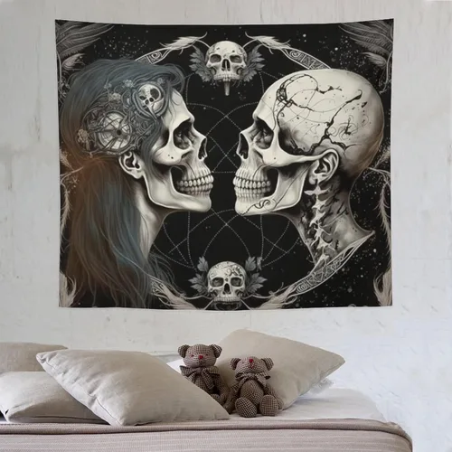 Miniatura 9 de Naykow Tapiz hippie de calavera, esqueleto gótico, tarot, tapiz de luna bruja, grunge, tapiz estético para dormitorio, tapiz de Santa Muerte