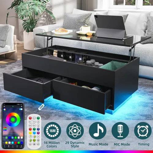 Miniatura 3 de HOMMPA Mesa de centro elevable de 40 pulgadas, mesas de centro negras con almacenamiento para sala de estar, mesa de centro moderna LED, mesa