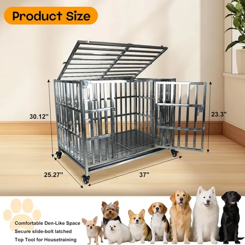 Miniatura 2 de Jaula grande para perros resistente, jaula de acero inoxidable para perros, indestructible, con ruedas enrollables, puerta doble, bandeja extraíble