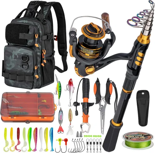 THKFISH Combo de caña de pescar y carrete con mochila, kit de carrete giratorio de caña de pescar telescópica con señuelos de pesca, alicates y Kit