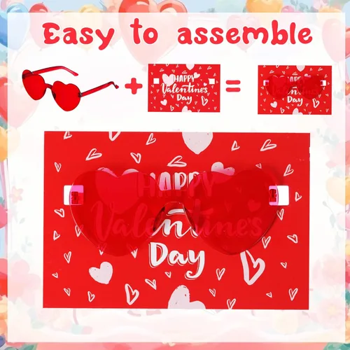Miniatura 3 de Kathfly 30 juegos de tarjetas de San Valentín con lentes de sol de corazón a granel para regalos unisex (lentes de corazón rosas)