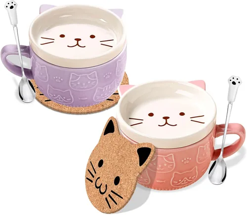 Miniatura 13 de BigNoseDeer 2 tazas lindas de cerámica Kawaii con gato, taza de café con tapa, tazas de té y platillos para postre, regalos lindos para amantes
