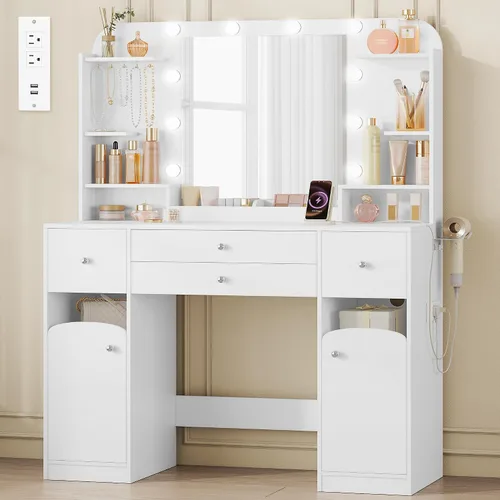 Escritorio de tocador con espejo, tocador de maquillaje con luces LED, mesa de vestir con regleta de enchufes, 4 cajones, mesa grande de 42.5' de