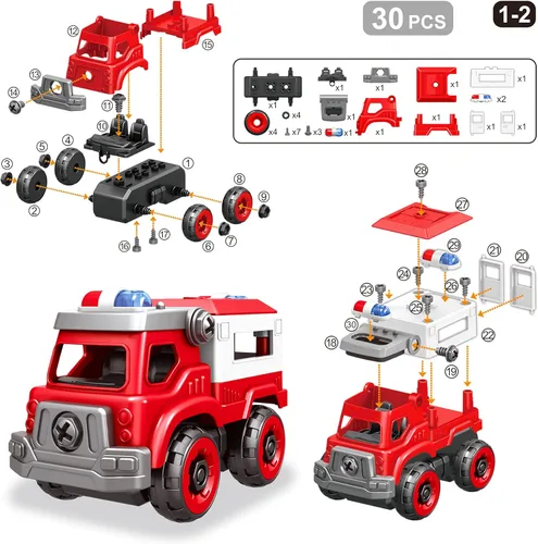Miniatura 3 de Camión de juguetes desmontables 4 en 1 con taladro eléctrico, vehículos de juguete camión de bomberos de montaje DIY, juguetes de autos educativos