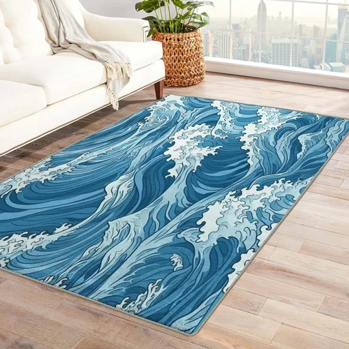 Miniatura 10 de Alfombra japonesa ondulada y decoración del hogar, alfombra de 4 x 5 pies, alfombras azules con ondas oceánicas para sala de estar, dormitorio, Onda
