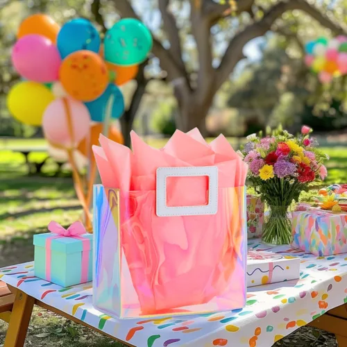 Miniatura 3 de Bolsa de regalo holográfica mediana de 11 pulgadas con papel de seda, bolsa de regalo reutilizable de cumpleaños para mujeres y niñas, iridiscente