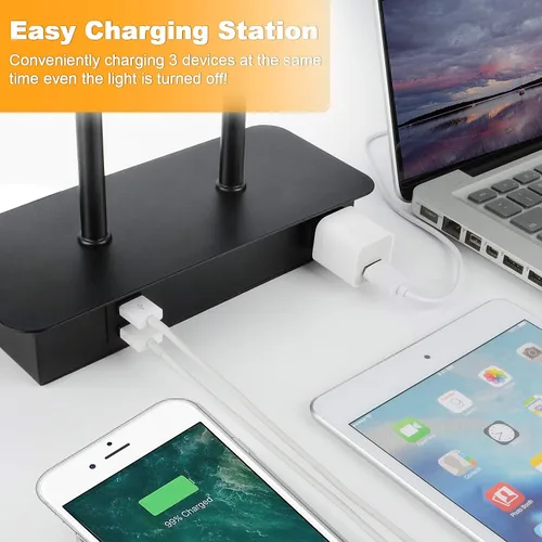 Miniatura 3 de Lámpara de mesa con control táctil regulable en 3 vías con 2 puertos USB y toma de corriente AC, lámpara moderna de mesita de noche con pantalla