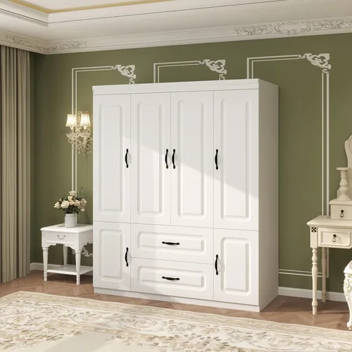 Miniatura 3 de Armario Armario Armario: Armario grande de madera blanca para dormitorio, armario de madera con 4 puertas, 2 cajones, armario alto con estantes y 2