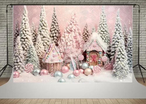 Kate Decoración interior del árbol de Navidad de 7 x 5 pies Fondos de fotografía de pan de jengibre Candy House Pink Christmas Party Theme Kids