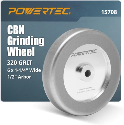 POWERTEC Muela abrasiva CBN de 6 pulgadas grano 320, 1-1/4" de ancho, árbol de 1/2" - Rueda de afilado CBN 4 en 1 con borde de radio de 1/4" y cara