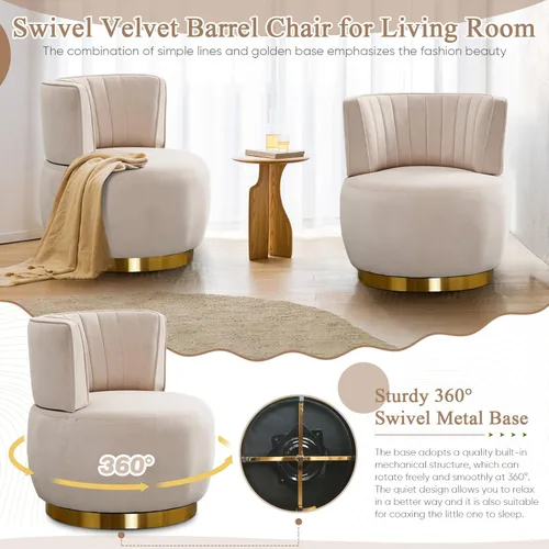 Miniatura 4 de Silla giratoria de terciopelo, moderna silla decorativa tapizada, silla redonda giratoria de 360° con base de metal dorado, cómoda silla de brazo