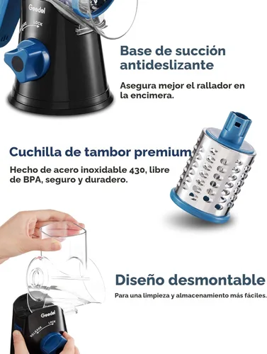 Miniatura 6 de Geedel Rallador rotativo de queso, cortador de verduras de mandolina de cocina con 3 cuchillas intercambiables, fácil de limpiar, rallador giratorio