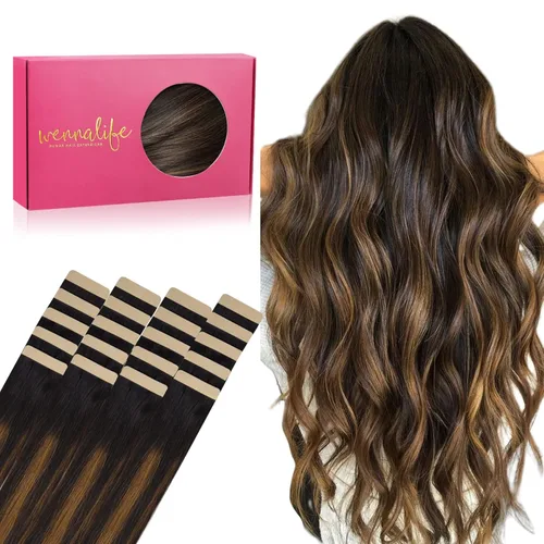 WENNALIFE - Extensiones de cabello humano real adhesivas, 20 piezas, 1.76 oz (50 g), 18 pulgadas, negro natural a marrón castaño mezclado,