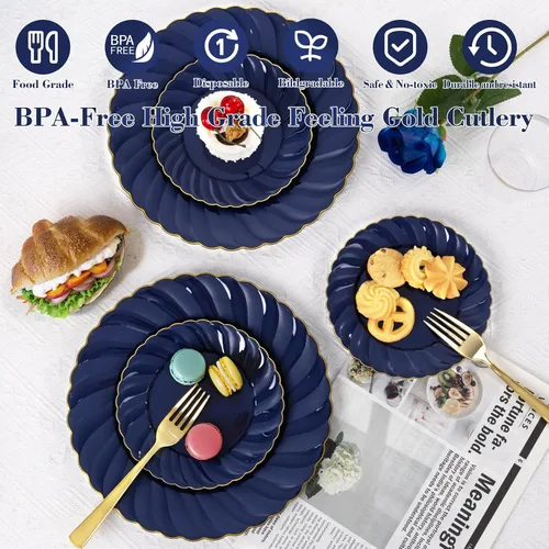Miniatura 5 de YOUBET Paquete de 100 platos de plástico festoneado azul, platos desechables azul marino de 6.5 pulgadas, elegante plato de postre vintage de alta