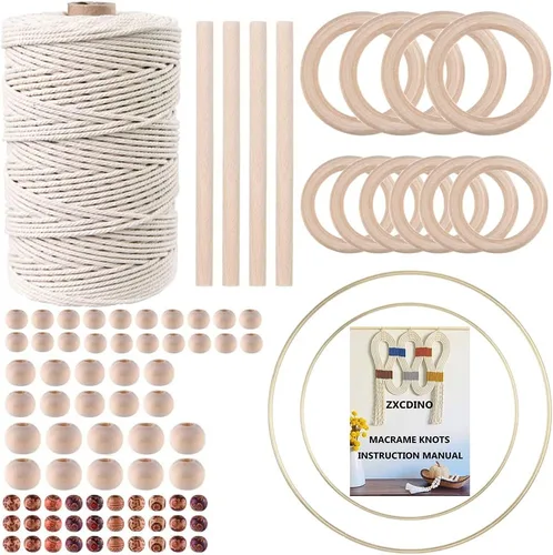 Miniatura 9 de Kit de macramé de 152 piezas para principiantes: cordón de macramé de algodón natural, anillos de madera y metal, cuentas, palos y aros, perfecto