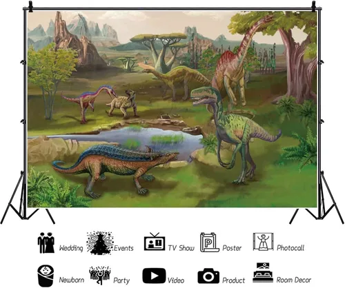 Miniatura 3 de Renaiss Telón de fondo de poliéster de 5 x 3 pies con diseño de dinosaurios, selva tropical, safari, bosque, árboles, montaña, lago, selva tropical