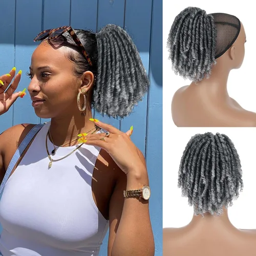 Miniatura 9 de Oseti Extensiones de cabello de cola de caballo gris con cordón para mujeres negras, 18 pulgadas, extensiones de cabello sintético rizado con clip