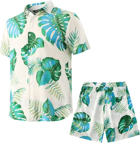 Miniatura 2 de Atwfo Conjunto de camisa hawaiana y pantalón corto para hombre, conjunto de 2 piezas para vacaciones, casual, con botones, playa, trajes florales