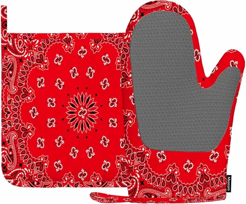 Mxocom Western Paisley - Juego de guantes de horno de silicona y soportes para ollas, bandana, patrón sin costuras con adornos rojos y blancos,