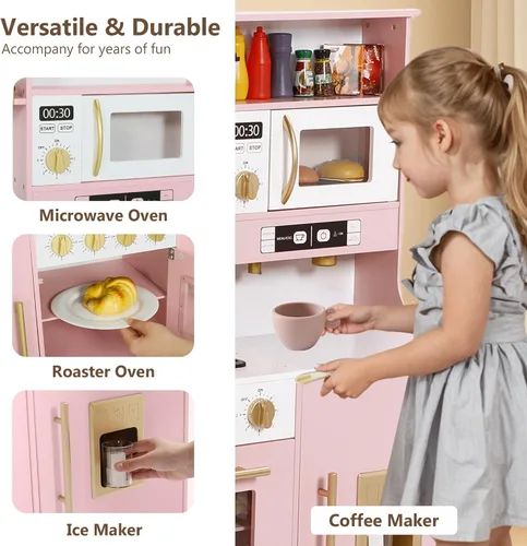 Miniatura 4 de Kinder King Cocina de madera para niños, juego de cocina de juguete para niños pequeños, juego de cocina con sonidos reales, máquina de café de Rosa