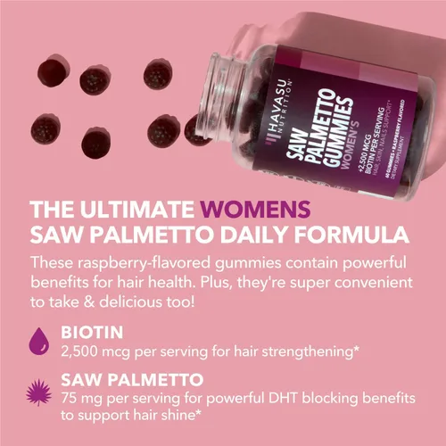 Miniatura 5 de Saw Palmetto para mujeres con 2500 mcg de biotina - Bloqueador de DHT y cabello, piel, gomitas de salud de uñas - 60 unidades - Soporta cerraduras