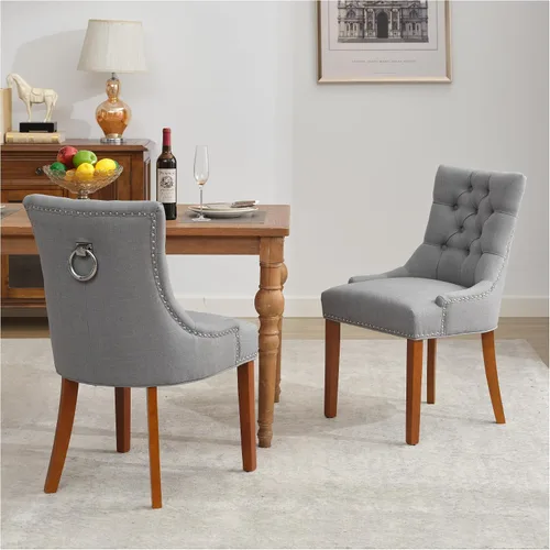 Miniatura 9 de adochr Juego de 2 sillas de comedor de terciopelo, sillas de cocina tapizadas con patas de metal, respaldo abotonado moderno con anillo de tracción