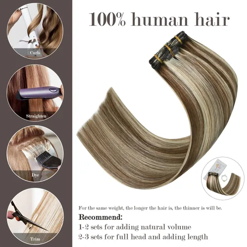 Miniatura 2 de Honsoo Extensiones de cabello Remy con pinzas, color marrón claro a rubio, balayage, 2.47 onzas, 12 pulgadas, 7 unidades, extensiones de cabello real
