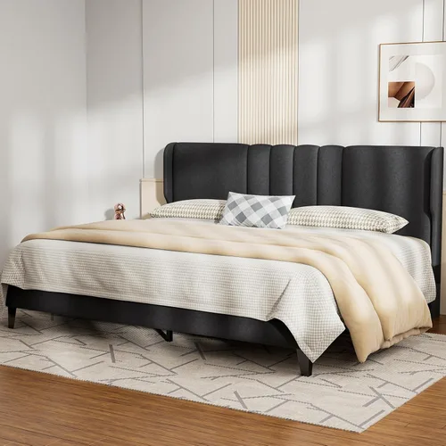 Miniatura 14 de GTPLAYER Base de cama de tamaño matrimonial, base de cama tapizada con cabecera alta con respaldo de alas, tela de terciopelo suave, no necesita