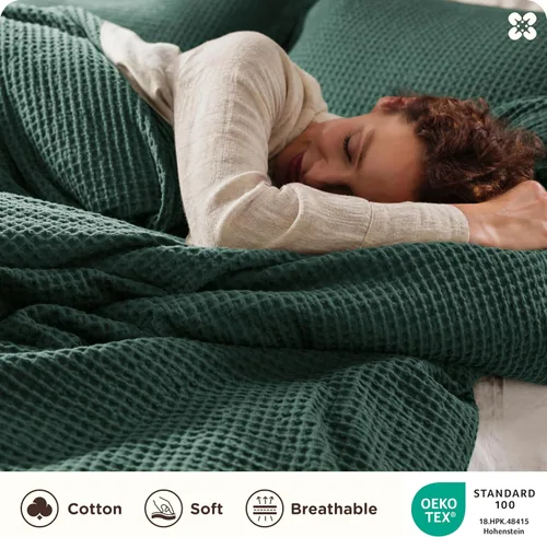 Miniatura 3 de Bedsure - Juego de funda de edredón de algodón tamaño queen, 100% algodón con tejido gofre color verde bosque, funda para edredón tamaño queen, ropa