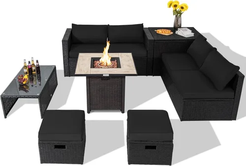 Tangkula Patiojoy - Sofá seccional de mimbre de ratán de polietileno para exteriores, 9 piezas con mesa para fogata de gas propano de 42 pulgadas,