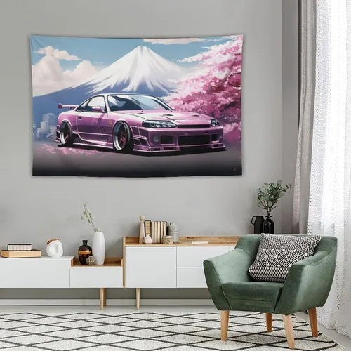 Miniatura 4 de FeoYoed Jdm Car R33 - Tapiz para colgar en la pared, arte de pared para dormitorio, sala de estar, monte japonés, Fuji, flor de cerezo rosa, 40 x 60